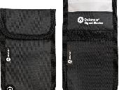 Black Defender Faraday Pouch with a padlock key attached to it