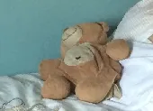Brown bear with black nose. He is very worn with ragged ears and multiple repair