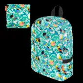 A foldable bag (green with bird pattern with drawing materials, mostly important