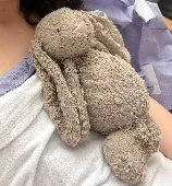 A much-loved Jellycat Bashful Bunny (grey/light brown/taupe), medium size, with 