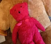 Red teddy bear and a pillow with Santa Claus face on one side and green on the o