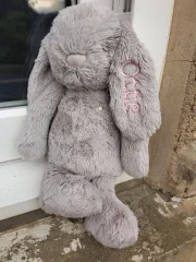 Bunny rabbit grey soft toy with 'Ottie' embroidered on one ear