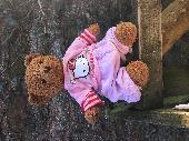 Well loved brown bear in Hello Kitty pink pyjamas found at the back of Easby Abb