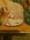 JellyCat toy- pink stripey zebra, all labels cut off, visibly very worn and clea
