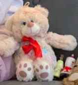 We lost a beige Teddy Bear with snowflakes details and a red bow on the neck. It