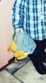 Yellow head, red eyes and mouth, blueish overalls, yellow feet, green shirt unde