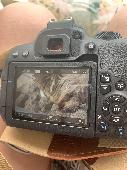 A black shoulder camera bag with a Canon EOS Rebel T7i (camera body), a lens and