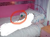A long shot as so long ago but lost A bean bag frog wearing a pink baby grow wit