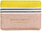 The wallet has a Belgian ID and credit card in it. It is yellow with pink and wh
