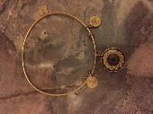 gold coloured charm bracelet with alex and ani written on one of the charms