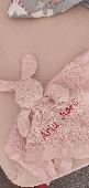 my 2 year old daughter dropped her pink snuggle comforter rabbit it has Aria Ro