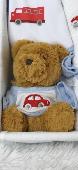 Small Teddy bear wearing a white shirt with light blue sleeves and a red car on 