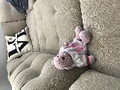 Small pink teddy bear with blue and white pants and a NYC shirt on. My daughter 