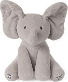 The item is a grey toy elephant, approx. 30cm tall. Pressing the button located 