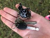 Black elephant key ring and keys near pond on Clapham Common, 2 keys (1x banham 