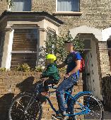 Stolen Bike. Blue beach cruiser with extra kids saddle on the cross bar. Chrome