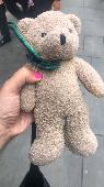 Found: Small brown bear with green tartan ribbon. His poor guy was wedged in bet