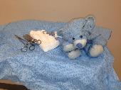 Lost small blue bear with black stitches over left eye.