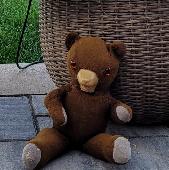 A 60 year old bear, born in Ontario and well loved. He has a light golden brown 