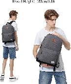 Grey backpack with black velvet at the bottom and outside zip pocket, brand name