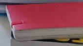 This is a little red note book with lots of writing in it. Half completed. It ha