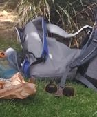 backpack blue, grey signed eggenstein-leopoldshafen . filled with kids stuff. bo