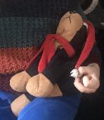 Christmas dog teddy has been lost, it is a Doberman with a Christmas hat and sca